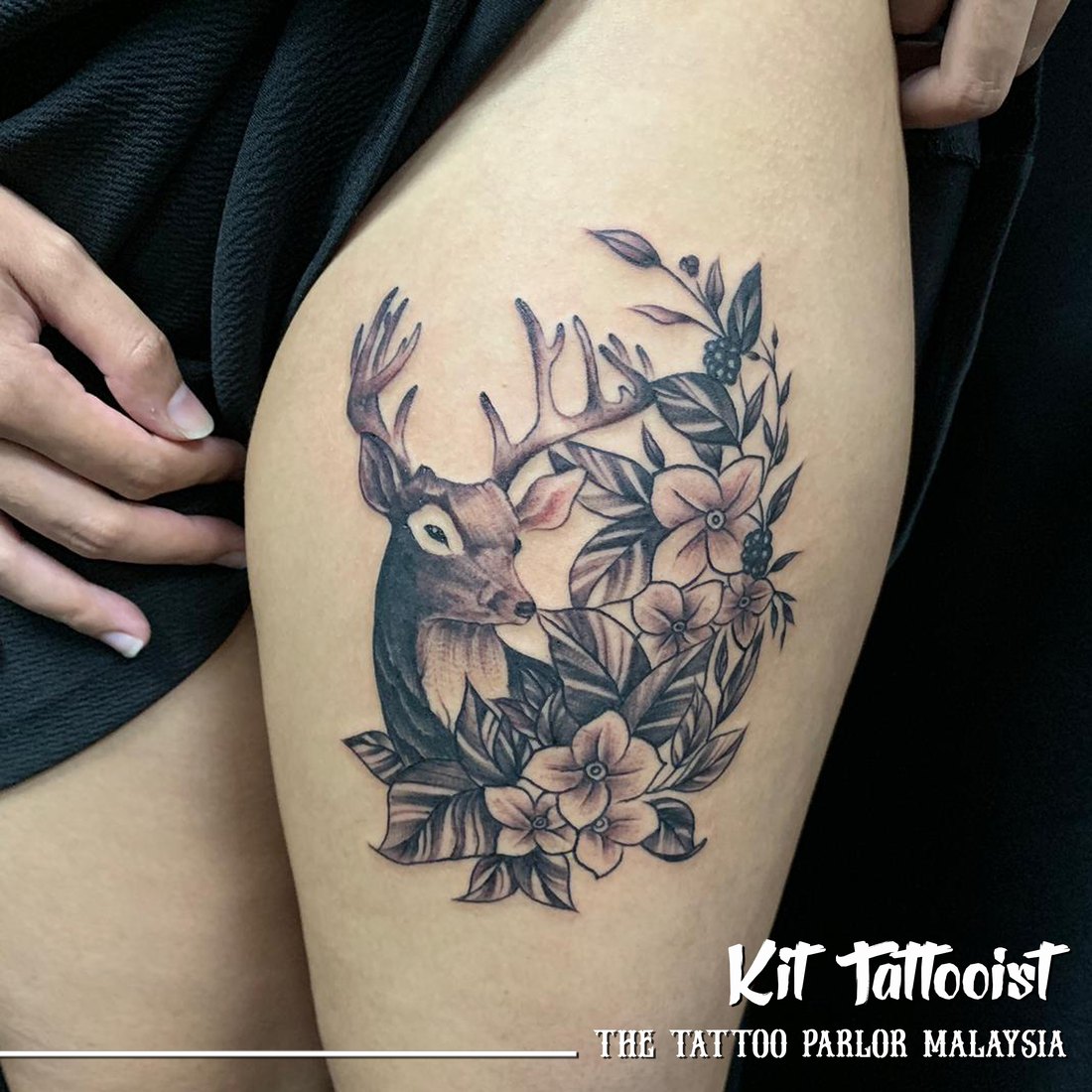 Deer and florals on the thigh
